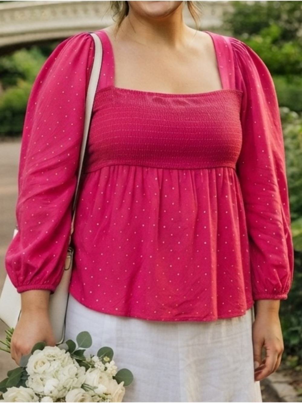 Motherhood Maternity Pink Gold Dot Smocked Blouse XL Boho Barbie Resort Peasant